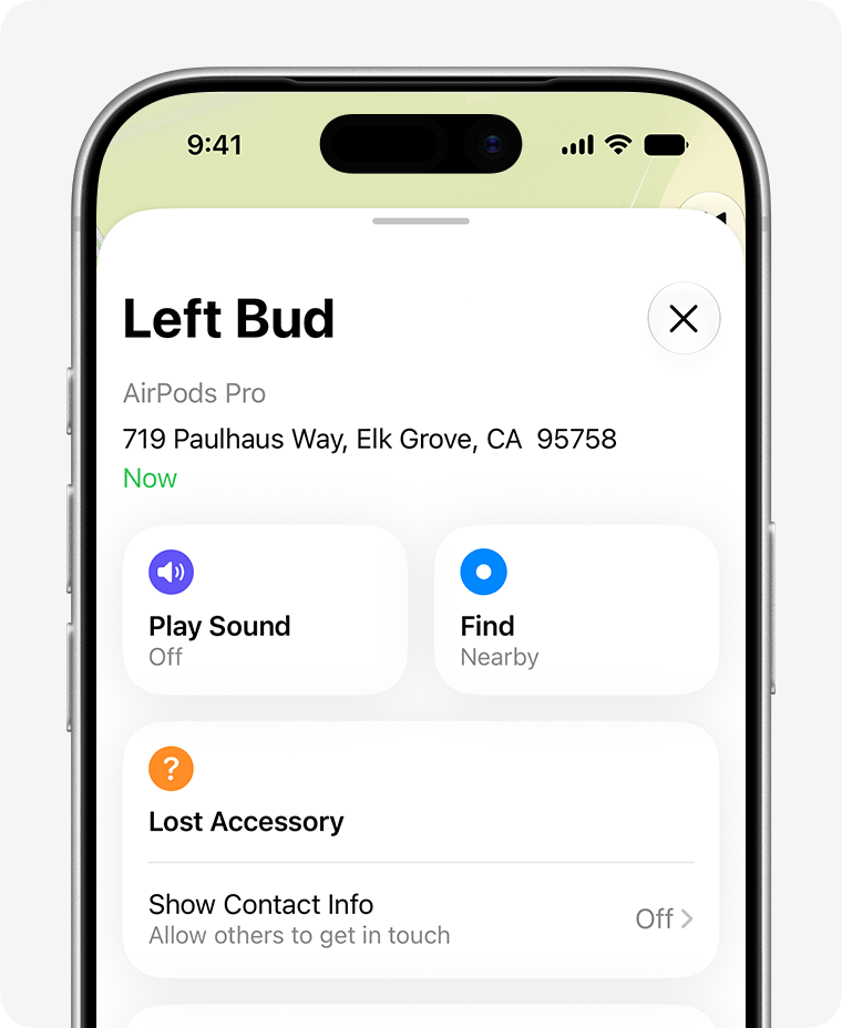 Play Sound, Find Nearby, and Lost Accessory options for an AirPods earbud.