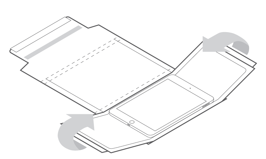 Gepolsterte Klappen, die nach innen über das iPad gefaltet werden. 