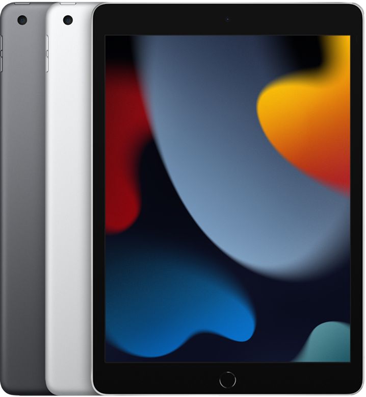 The backs of several iPad devices, side by side, in all available colors, followed by the front of one.