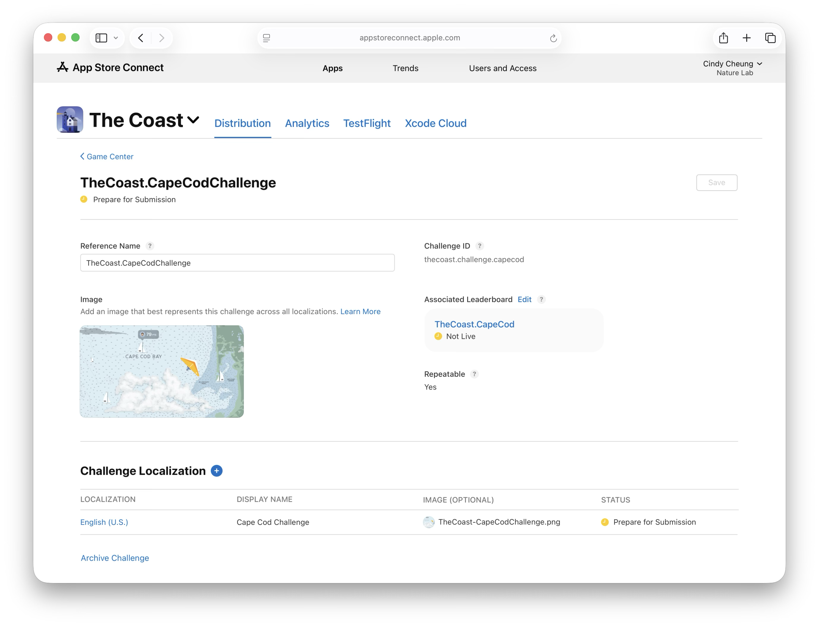 Challenge detail page for 'The Coast.CapeCodChallenge', showing 'Prepare for Submission' status and completed fields including reference name, challenge ID, image, and associated leaderboard.
