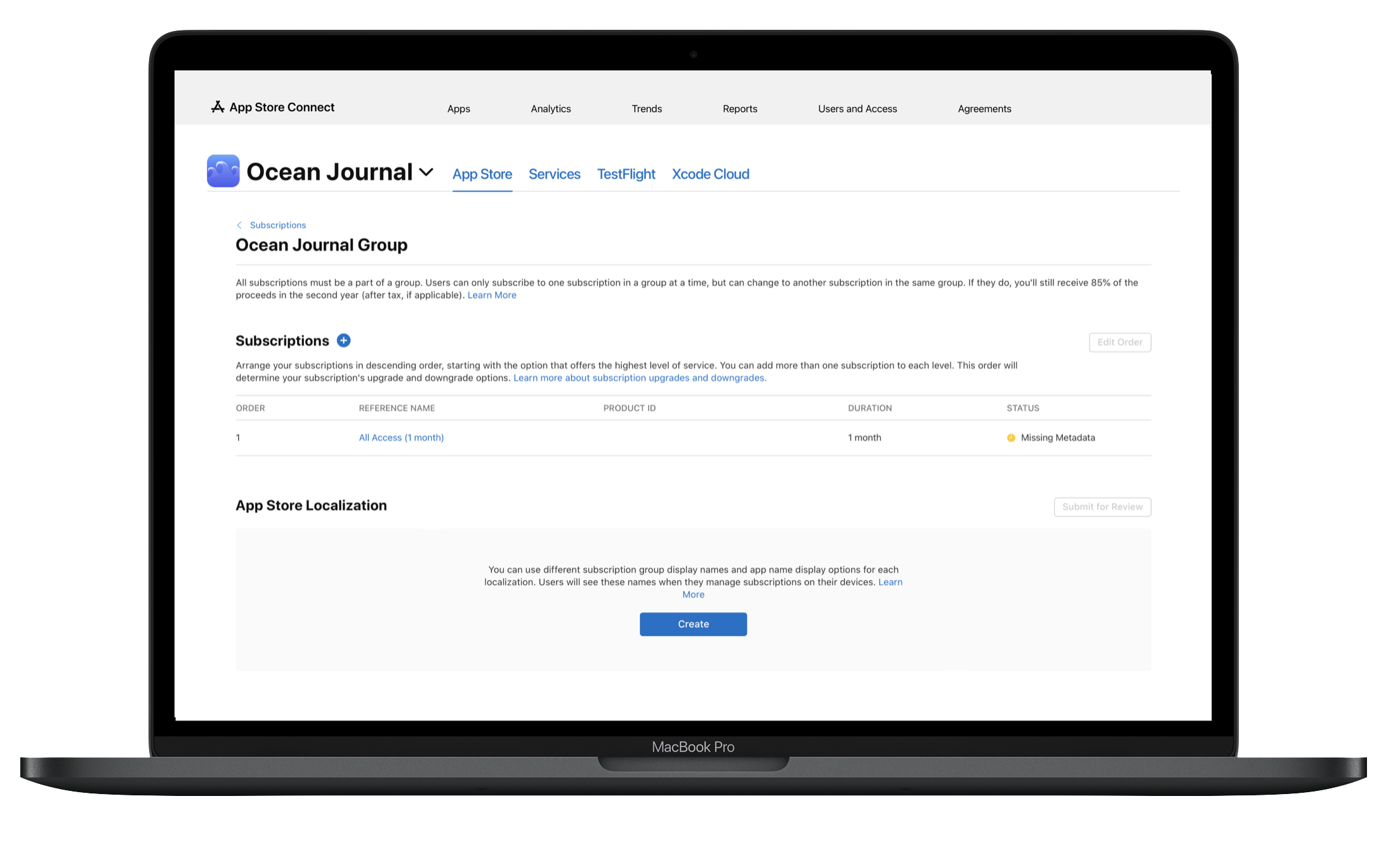 截屏为 MacBook Pro 屏幕，显示了名为《Ocean Journal》的 App 的订阅设置页面。该页面上方为 App Store Connect 导航菜单栏，下方为“订阅”页面，其中列出了一个已设置的订阅项目。