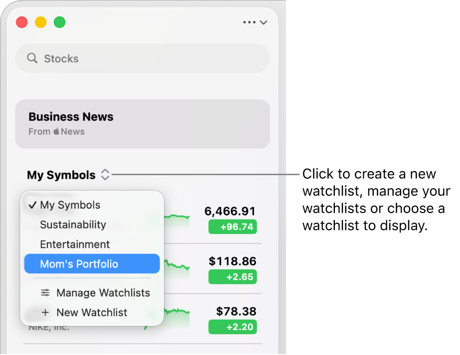 A Stocks window showing the search field, a list of search results and the Add to Watchlist button.