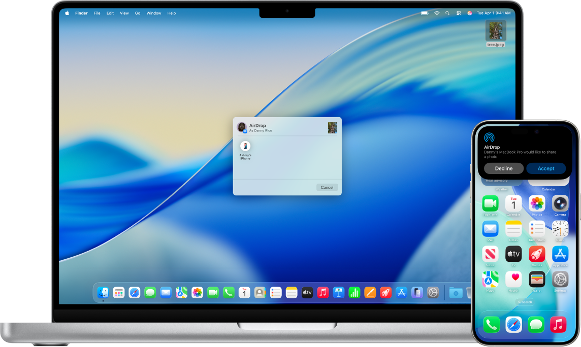 A Mac is next to an iPhone. The AirDrop dialogue is open on the Mac desktop, ready to share a document with the iPhone. The iPhone screen has a notification about receiving the document.