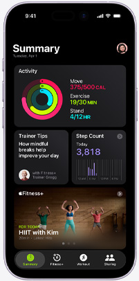 Apple Fitness+ app on an iPhone showing the Summary tab screen, featuring Activity rings, Trainer Tips, Step Count and recommended Apple Fitness+ workouts
