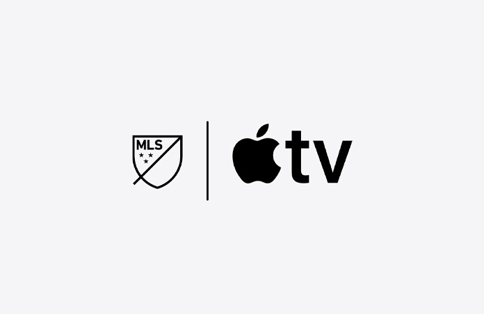 メジャーリーグサッカーとApple TVのロゴが縦線で区切られて並んでいる