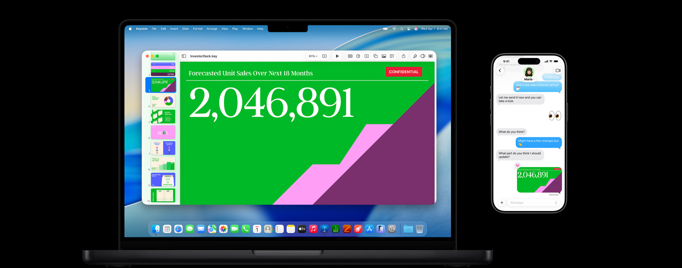 MacにプレゼンテーションとmacOS Tahoeの壁紙が表示されている。Macの右側にはiPhoneがあり、同じプレゼンテーションがテキストメッセージ内に表示されている