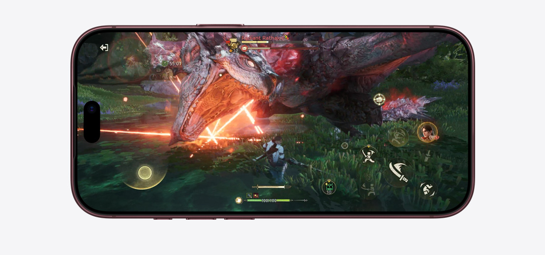 iPhone 18 Pro, front exterior, demonstrating the performance capabilities of the A20 Pro chip with a scene from Neverness to Evenness.