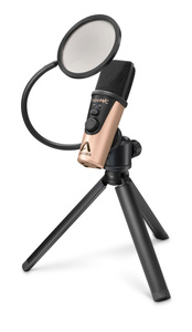 Angled view of Microphone on tripod, with included pop filter attached.