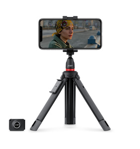 JOBY tripod with adjustable mounting bracket holding iPhone and with remote control removed.