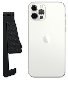 收起的支架的直立侧面视图，旁边放着一部 iPhone 做对比，展示支架紧凑小巧的设计。