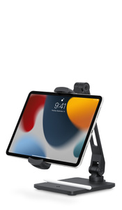 Angled view of HoverBar Duo with iPad held in landscape mode, and flexible arm fully retracted.
