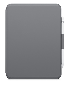 Top of Logitech all-in-oneKeyboard, folded over iPad,with Apple Pencil attached.
