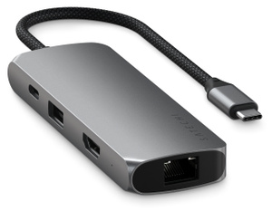 Satechi Multiport Pro with Ethernet adapter at showing USB-C and USB-A, and HDMI ports, USB-C connector on other end