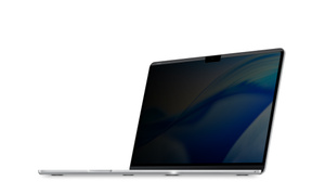 Kensington UltraThin Magnetic Screen installed on MacBook Air, screen tilted back and darkened from privacy filter
