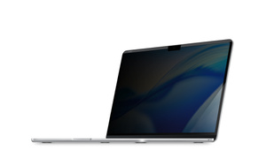 Kensington UltraThin Magnetic Screen installed on MacBook Air, screen tilted back and darkened from privacy filter