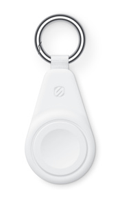 Scosche WatchIt Apple Watch Magnetic Fast Charger With USB-C Connector, white, Keychain carabiner attached at top, Scosche logo at center, charger at bottom