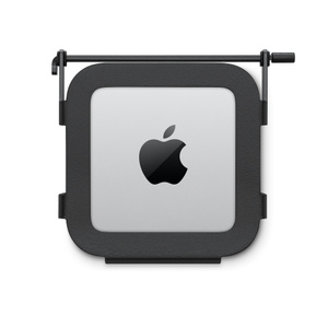 Black Kensington Locking Kit, metal brackets enclose top edges of Mac mini, locking mechanism arm near back
