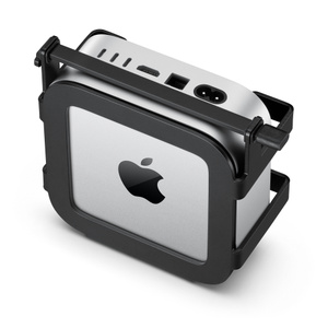 Mac mini, black Kensington Locking Kit, locking mechanism across back of device, back ports are unobstructed 