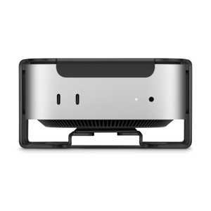 Black Kensington Locking Kit, metal brackets enclose top, sides, and bottom of Mac mini, USB-C ports and headphone jack are unobstructed, bracket elevates Mac slightly 