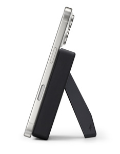Nimble Portable Charger, side exterior, black color, kickstand extended with iPhone in portrait mode