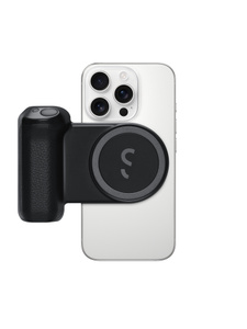 ShiftCam SnapGrip Pro attached to back of iPhone, black textured grip with built-in power bank, grey shutter button and power button on top of grip, grey ShiftCam logo and ring on power bank