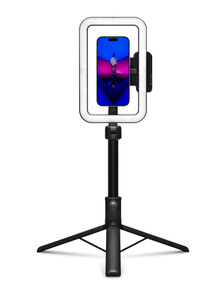 ShiftCam SnapCreator Kit Pro, black colour, three-legged tripod expanded at the bottom, iPhone mounted in portrait mode at the top, SnapStudio light attached, screen displays person standing on platform with bright purple, blue and pink lights