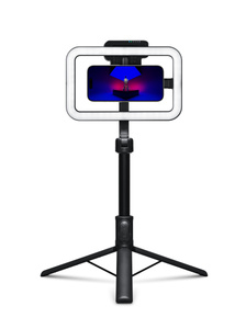 ShiftCam SnapCreator Pro, black colour, three-legged tripod expanded at the bottom, iPhone mounted in landscape mode at the top, SnapStudio light attached, screen displays person standing on platform with bright purple, blue and pink lights