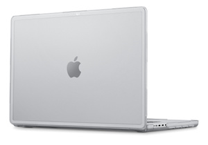 Tech21 EvoShell, exterior, white borders, clear on top, MacBook Pro installed and open, cut out for easy access to ports on side