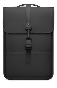 Rains Backpack Mini, front exterior, black colour, rounded bottom corners, carry handle on top, flap closed over front and secured by fastener