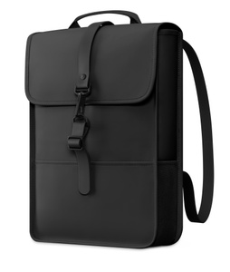 Rains Backpack Mini, side exterior, black colour, pocket at bottom