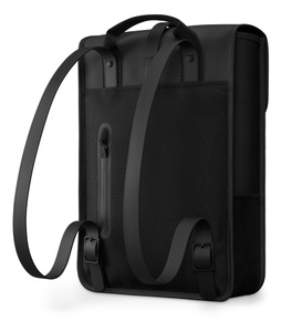 Rains Backpack Mini, back exterior, black colour, carry handle on top, adjustable shoulder straps, zipped compartment on left