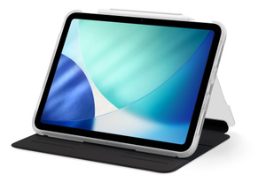 Tech21 FlexFolio, front exterior, iPad Air enclosed in landscape orientation at tilted viewing angle, Apple Pencil at top