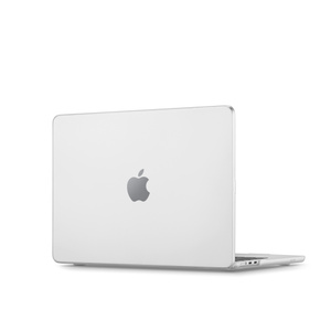 Mophie Slimline MacBook Air Hardshell case, clear, MacBook Pro installed and open, cutout for easy access to ports on side, Apple logo visible in centre