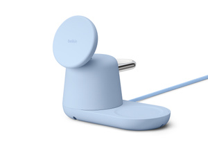 Belkin Charging Dock, blue color, MagSafe charging pad at top and Apple Watch charging pad at back, charging pad at bottom, USB-C cord extended at rear