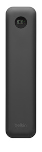 Belkin UltraCharge Pro 20K Power Bank with Integrated Cable, front exterior, black color, charge status indicator at top, text reads: 100%, Belkin logo at bottom