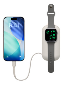 Belkin 10K BoostCharge Pro Power Bank, top exterior, charging Apple Watch at top and iPhone via integrated USB-C cable