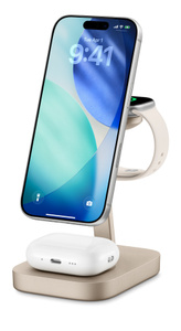 Mophie 3-in-1 Wireless Charge Stand, front exterior, champagne color, rounded corners, charging AirPods case on bottom stand, iPhone at front, and Apple Watch at rear