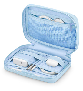 Herschel Cloudform Burrard Organizer Tech case, light blue color, zippered open, charger, cables, and AirPods case in organizer pockets