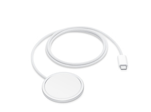 MagSafe Charger, coiled white woven cable, 1 meter, MagSafe circular connector, USB-C connector.