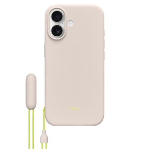 Beats Kickstand Case, lime stone color to attached iPhone 17, with color-matched lanyard and adapter, neon yellow-green color Beats logo in small type centered at the bottom of the case, matte finish