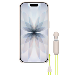 Beats Kickstand Case, lime stone color attached to iPhone 17, case covers top, sides and bottom corners with open section at bottom, lanyard and magnetic adapter attached on right side