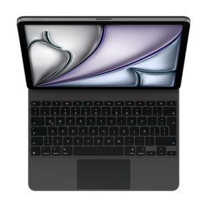Magic Keyboard negro con estructura de aluminio para el iPad Air, con teclas negras con símbolos blancos, fila de teclas de función, trackpad negro, espacio para apoyar las muñecas y un iPad Air conectado en posición horizontal