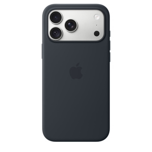 iPhone 18 Pro Max Silicone Case with MagSafe in navy blue color (dark blue), back exterior, embedded Apple logo in center, attached to iPhone 18 Pro Max in silver color, visible through camera cutout