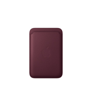 iPhone FineWoven Wallet with MagSafe, burgundy color (dark red), back exterior, card slot at top, embedded Apple logo in the center, stitching along the edges