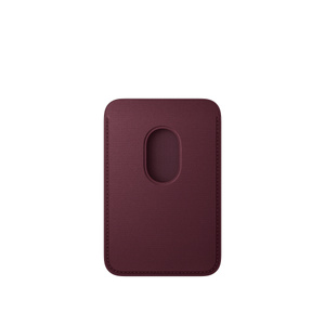 iPhone FineWoven Wallet with MagSafe, burgundy color (dark red), interior, cylindrical cutout reveals inside card slot, stitching along the edges