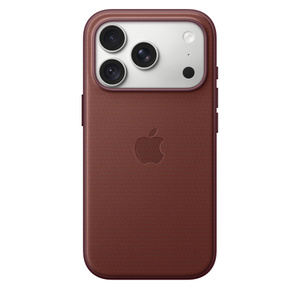 iPhone 18 Pro TechWoven Case with MagSafe in burgundy color (dark red), back exterior, embedded Apple logo in center, attached to iPhone 18 Pro in silver color, visible through camera cutout