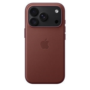iPhone 18 Pro TechWoven Case with MagSafe in burgundy color (dark red), back exterior, embedded Apple logo in center, attached to iPhone 18 Pro in black color, visible through camera cutout