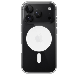 iPhone 18 Pro Clear Case with MagSafe, back exterior, attached to iPhone 18 Pro in black color, solid white MagSafe circle with gray Apple logo in center, camera cutout