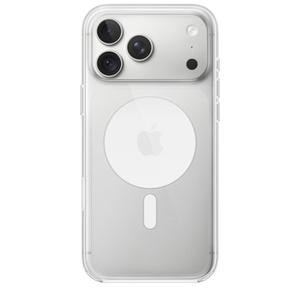 iPhone 18 Pro Max Clear Case with MagSafe, back exterior, attached to iPhone 18 Pro Max in silver color, solid white MagSafe circle with gray Apple logo in center, camera cutout