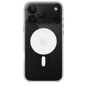 iPhone 18 Pro Max Clear Case with MagSafe, back exterior, attached to iPhone 18 Pro Max in black color, solid white MagSafe circle with gray Apple logo in center, camera cutout
